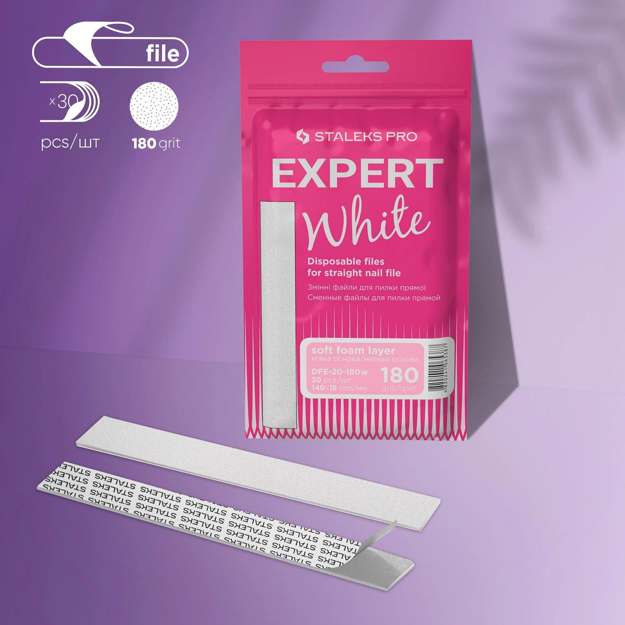 Staleks Disposable white
files for straight nail
ie on a sottinam layer Expert 20
180 grit (30 pcs)