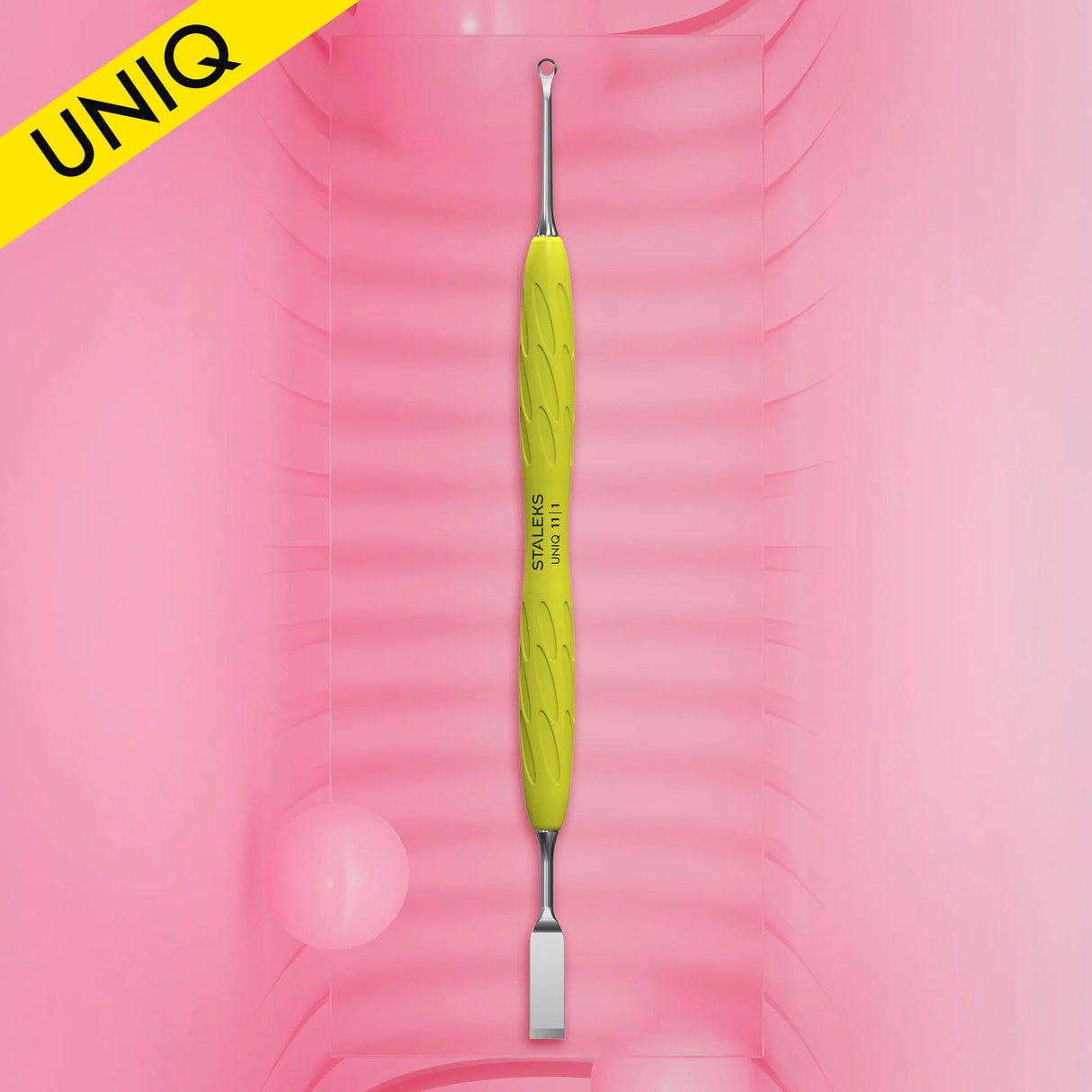 Staleks Manicure Pusher Gummy with yellow silicone handle Uniq 11 Type 1 (straight flat and loop pusher)